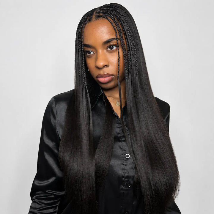 Side angle of Ywigs light yaki human crochet hair showing full volume and natural texture for protective hairstyles