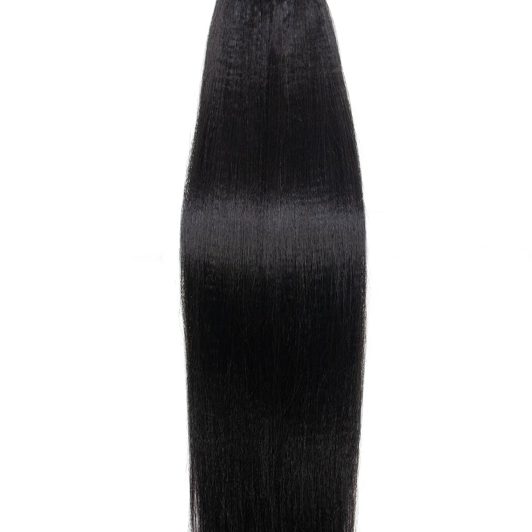 Full-length view of Ywigs Light Yaki Human Crochet Hair highlighting its sleek strands and uniform texture.