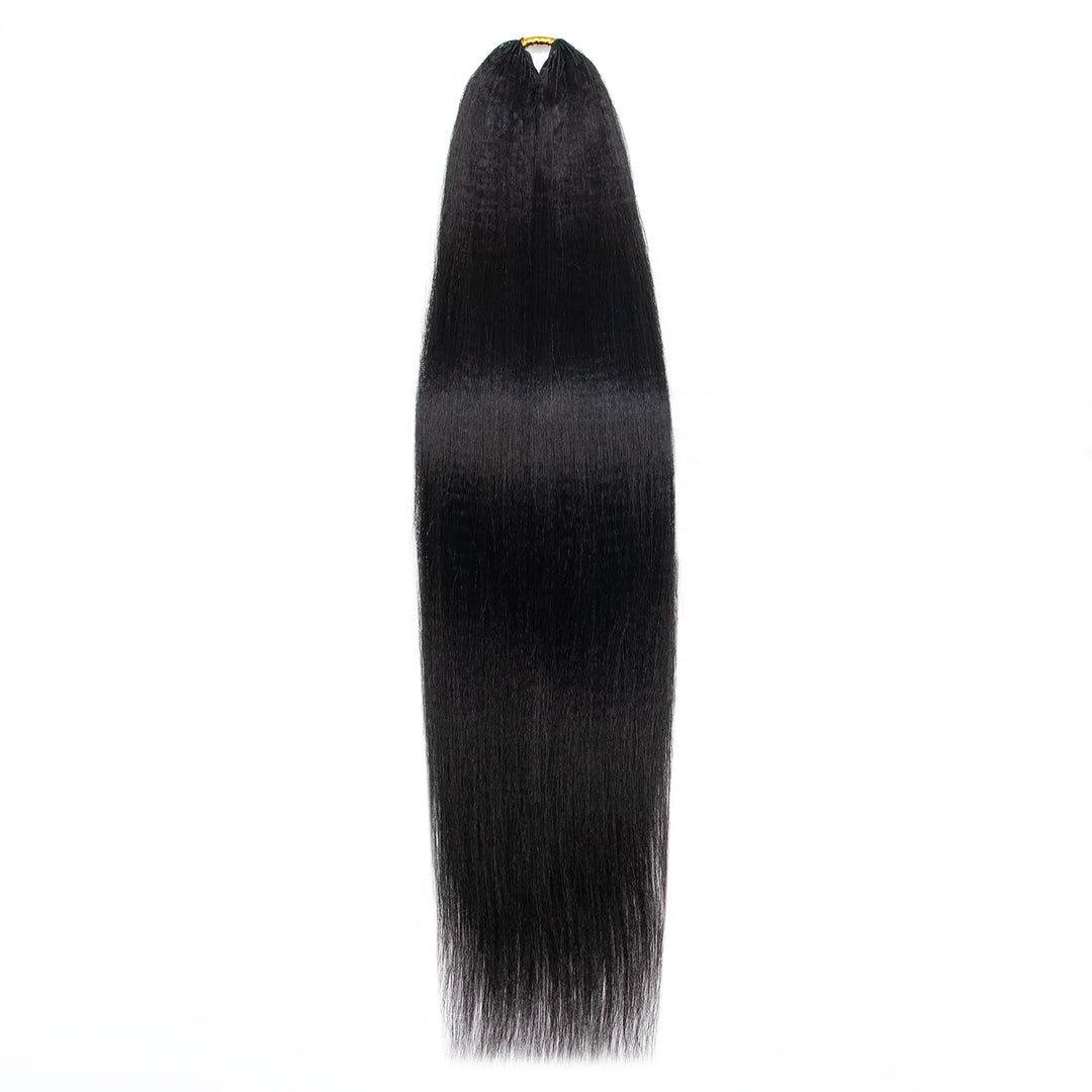 Single bundle of Ywigs Light Yaki Human Crochet Hair displayed vertically to showcase its straight texture and length.