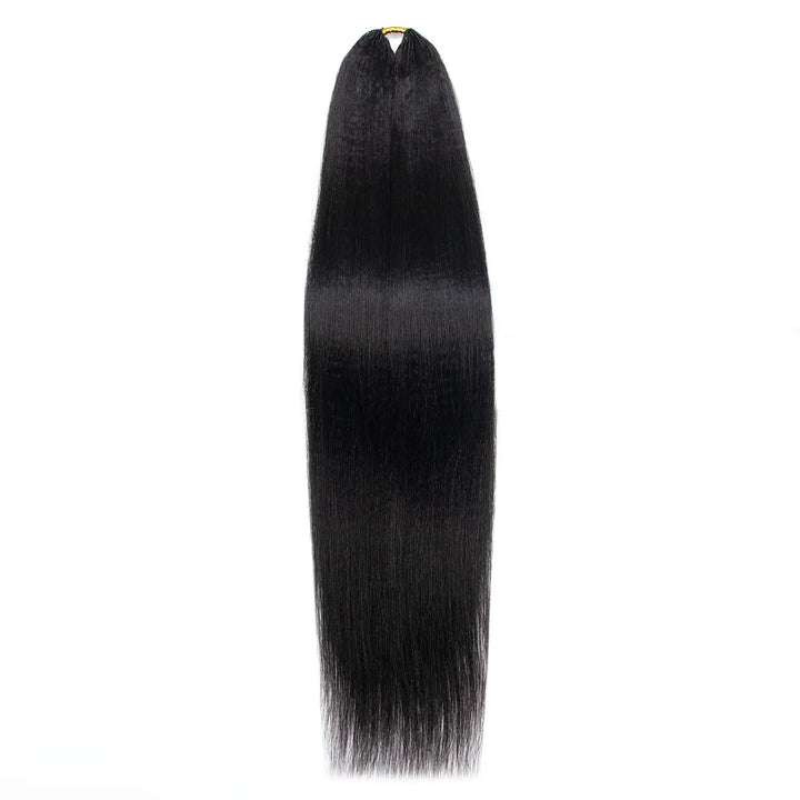 Single bundle of Ywigs Light Yaki Human Crochet Hair displayed vertically to showcase its straight texture and length.