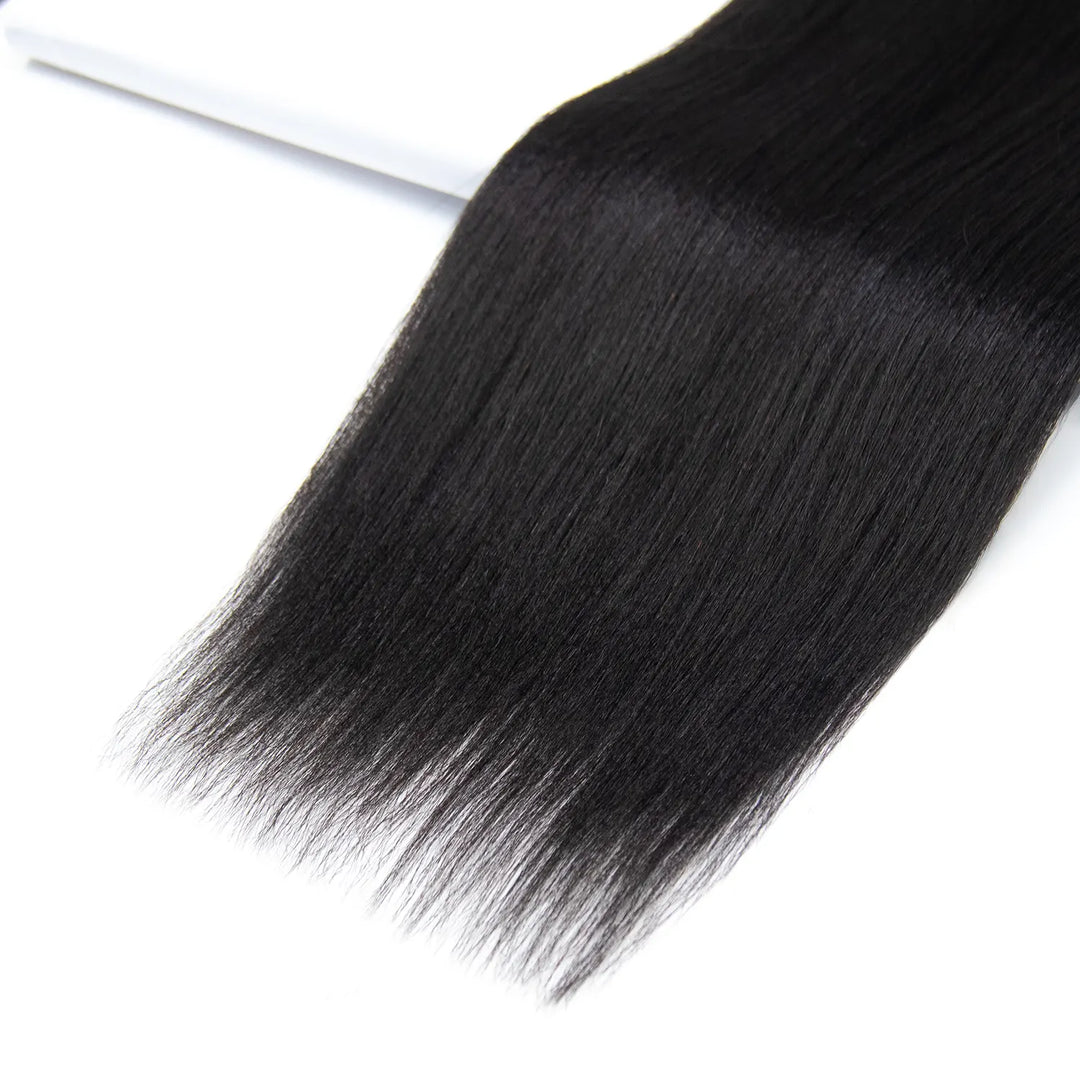 Close-up of Ywigs Light Yaki Human Crochet Hair showing its smooth strands and natural-looking straight texture.