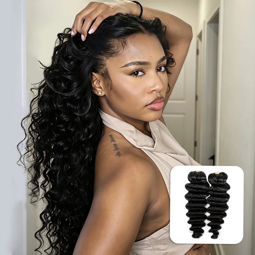 Ywigs Natural Black  Loose Deep Wave human crochet hair front view for crochet braid style