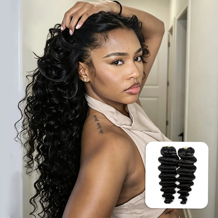 Ywigs Natural Black  Loose Deep Wave human crochet hair front view for crochet braid style