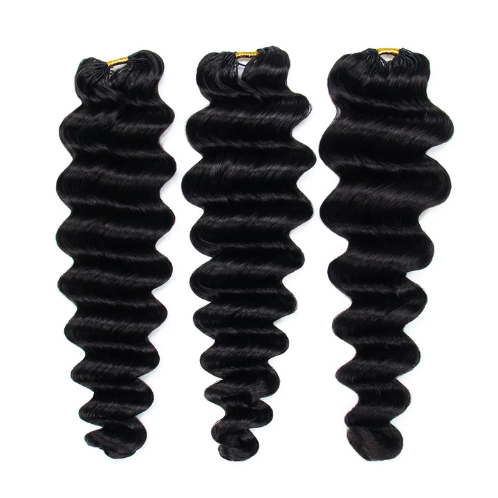 Three bundles of Ywigs Loose Deep Wave Human Crochet Hair in natural black, featuring defined waves for Miracle Knots styles.