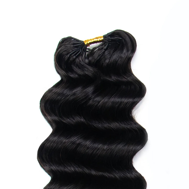 Close-up of the top attachment area of Ywigs Loose Deep Wave Human Crochet Hair, showing the bundle construction and securing thread.