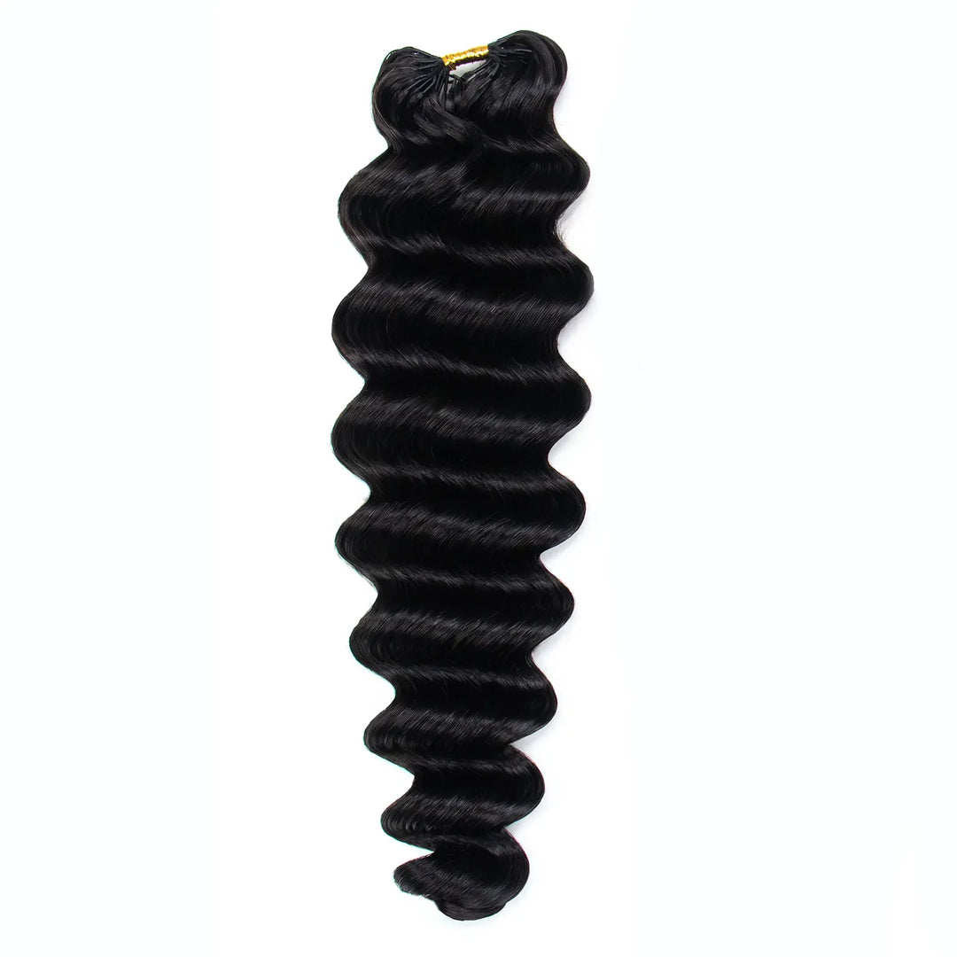 Close-up of Ywigs Loose Deep Wave Human Crochet Hair showing its defined S-shaped waves and natural black color.