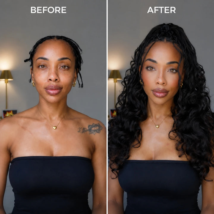 Before and after installation of Ywigs Natural Black  loose wave human crochet hair for crochet braids transformation