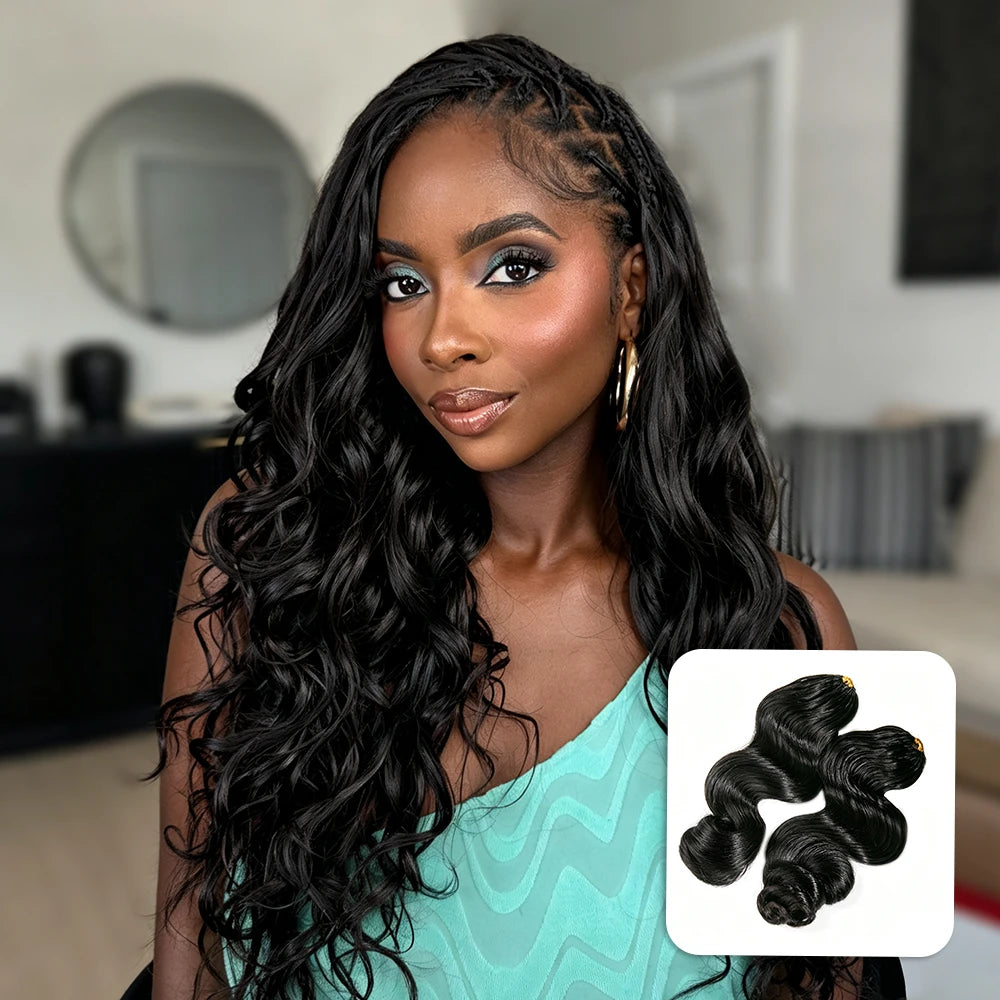 Ywigs Natural Black loose wave human crochet hair front view for crochet braid style