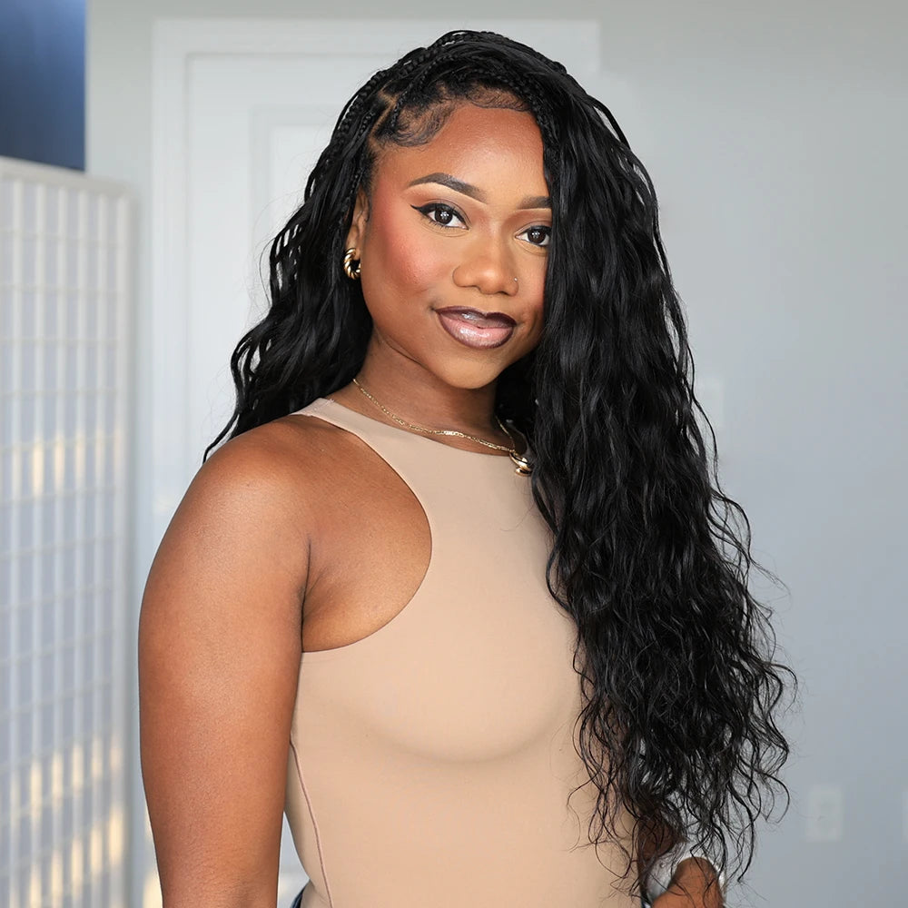Side angle of Ywigs loose wave human crochet hair showing full volume and natural bounce