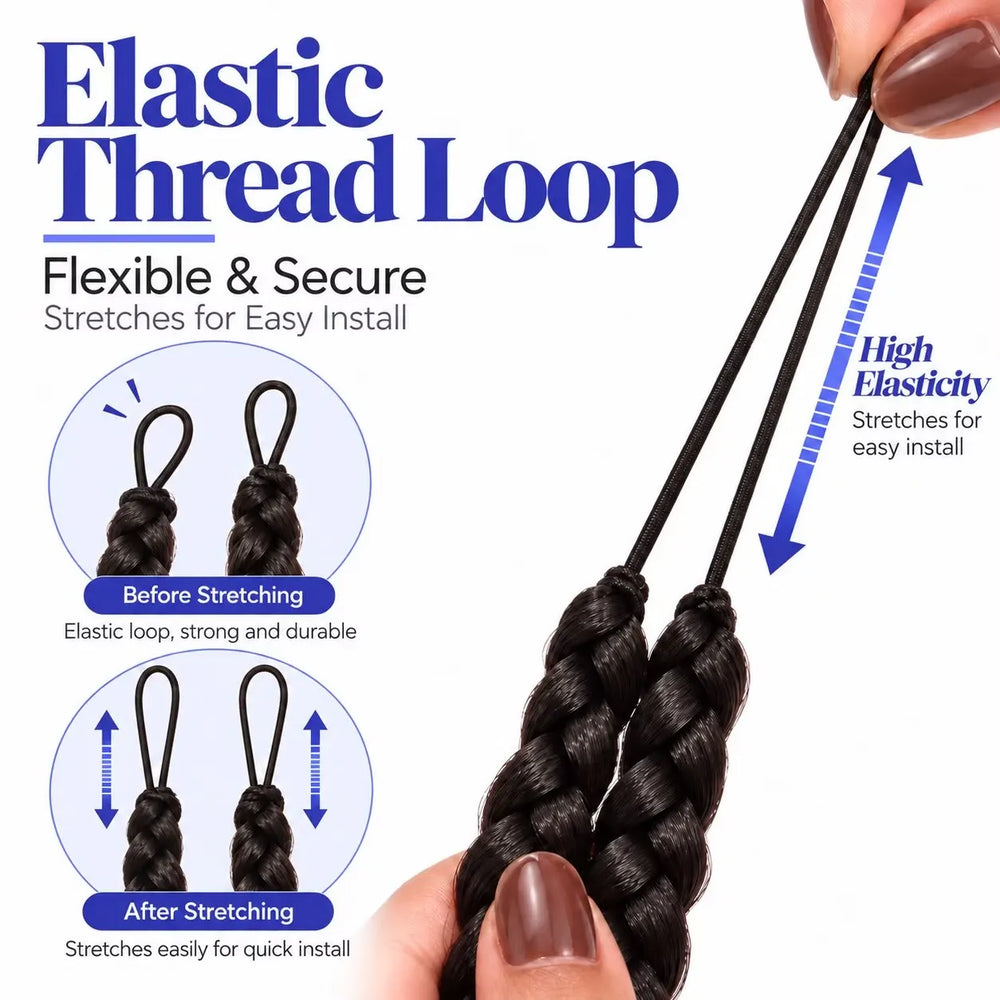 Close-up of the elastic thread loop on Ywigs Pre-Braided Miracle Knots showing the loop design for crochet installation