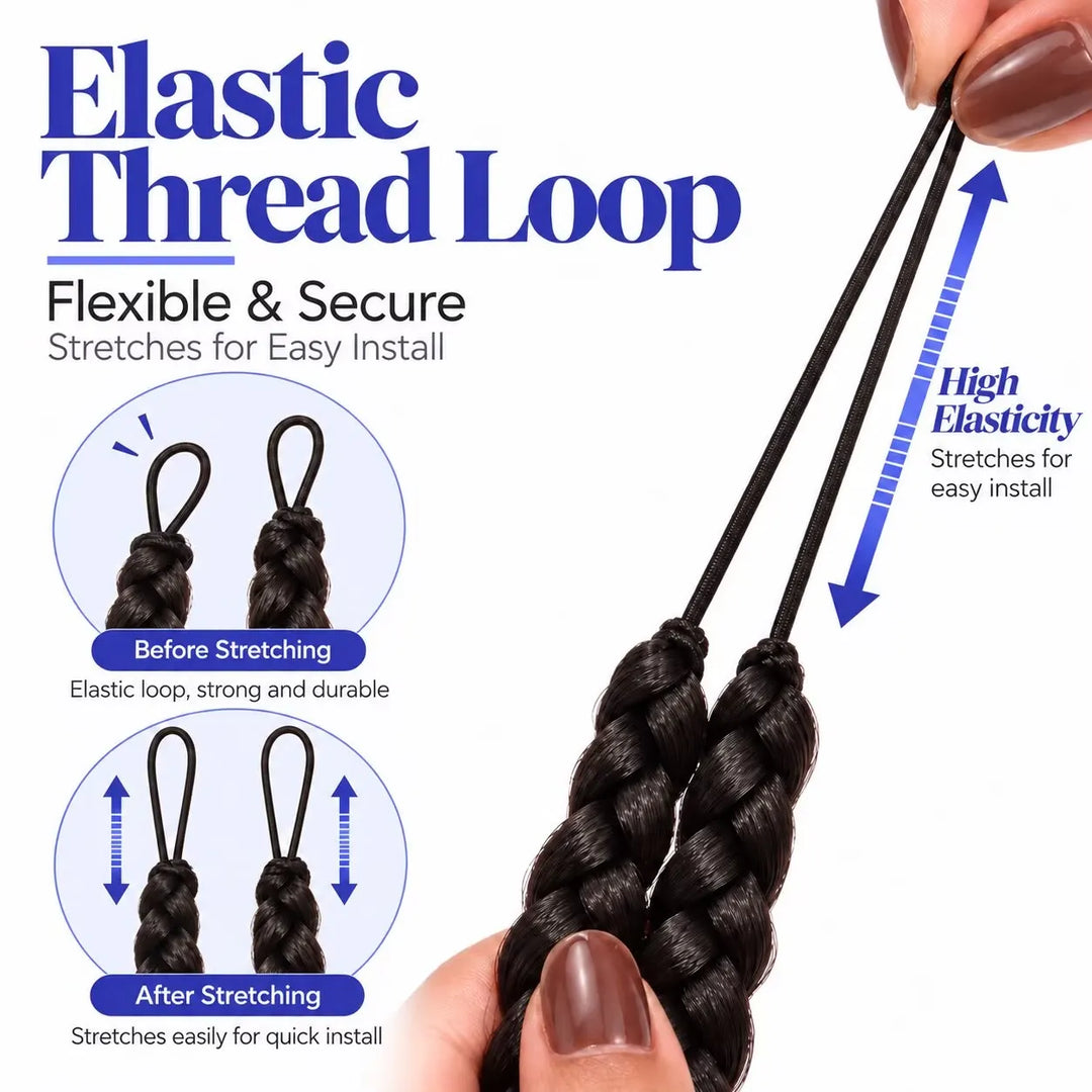 Close-up of the elastic thread loop on Ywigs Pre-Braided Miracle Knots showing the loop design for crochet installation