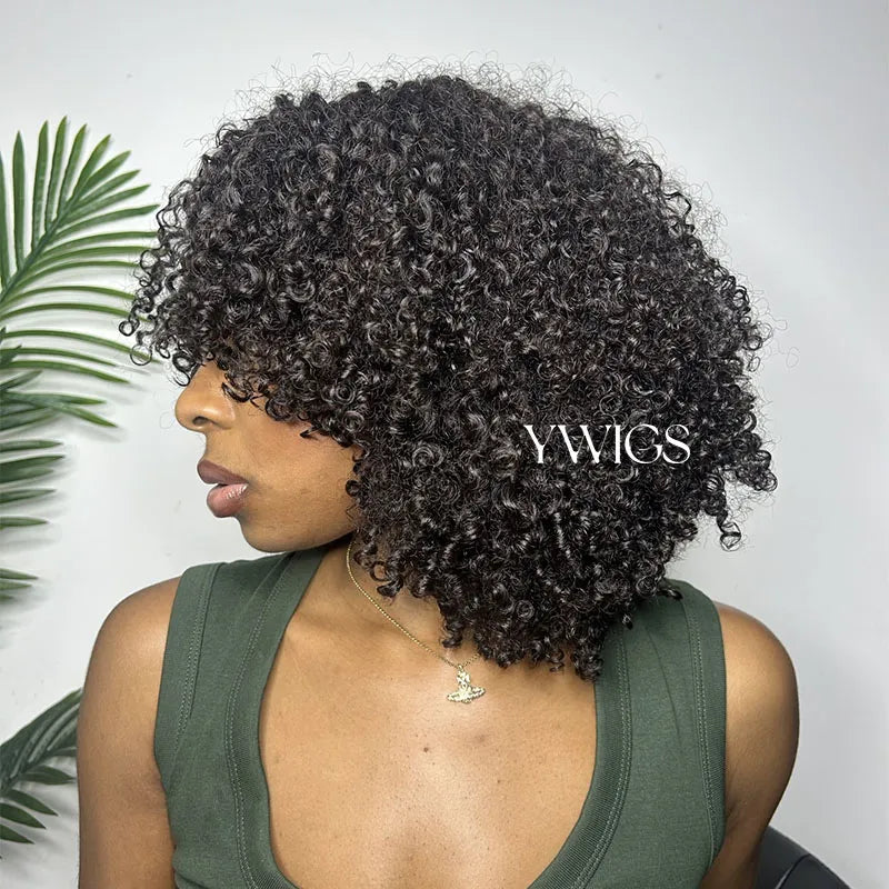 Side angle of Ywigs multi-textured-kinky-curly human crochet hair showing full volume and natural bounce