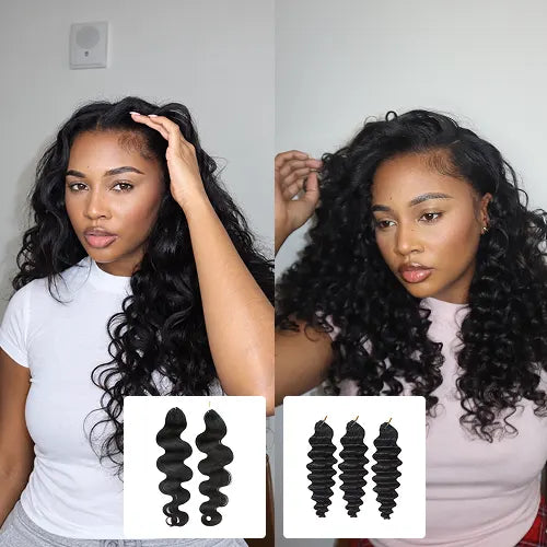 Model wearing Ywigs Natural Black Body Wave & Loose Deep Wave Human Crochet Hair showing soft waves and natural volume