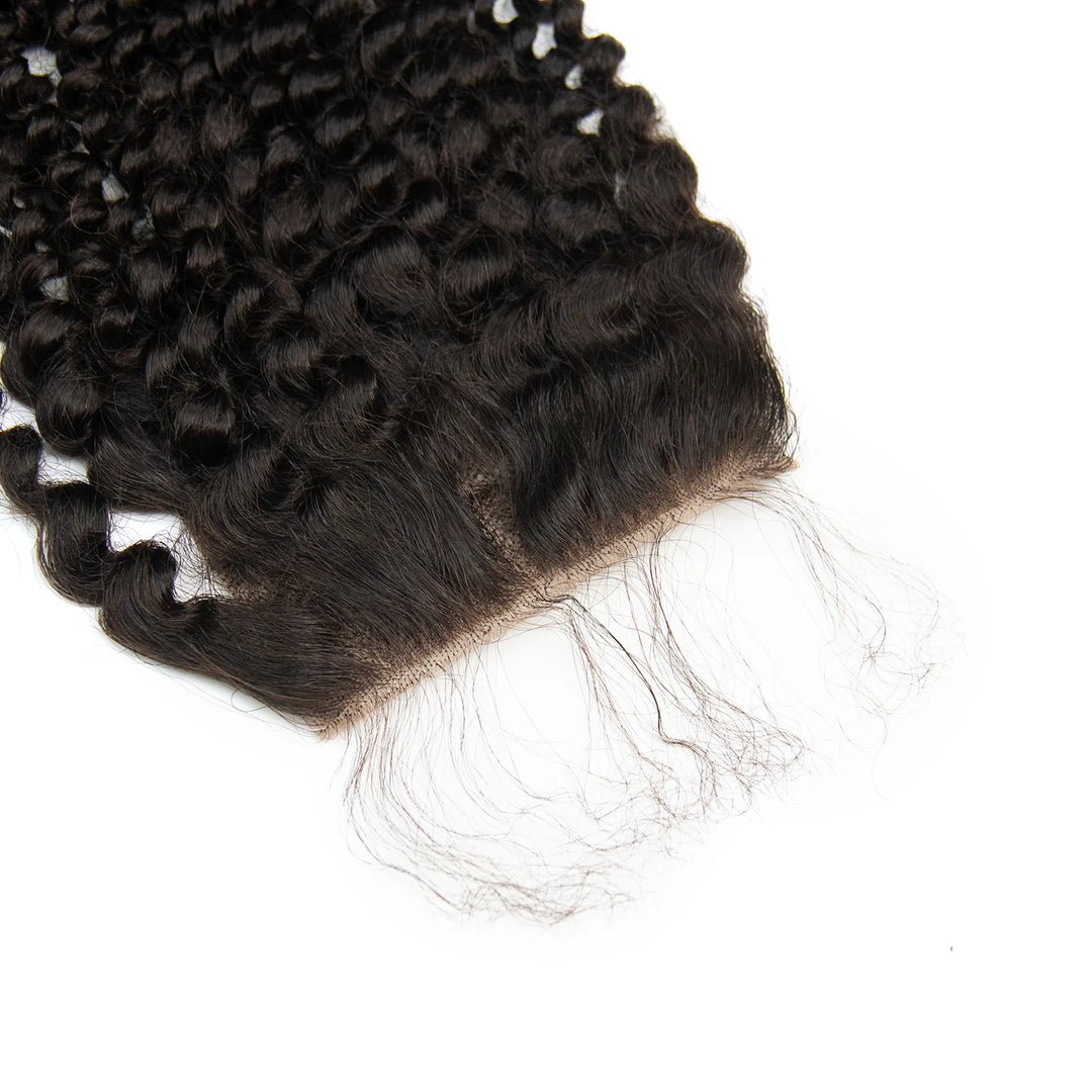 Top view of Ywigs Natural Black Kinky Curly 4x4 Lace Closure showing lace area and curly texture