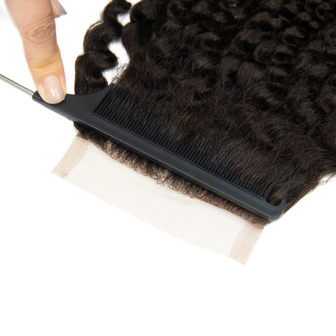 Detailed view of Ywigs Natural Black Kinky Curly Lace Closure showing defined curls and natural texture
