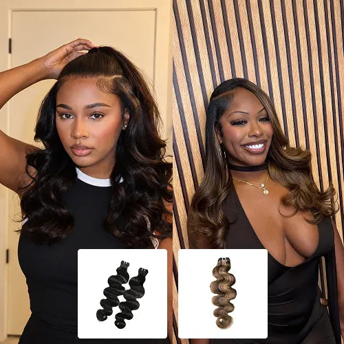 Model wearing Ywigs Natural Color & #4/27/30 Body Wave Weft Bundles showing a dimensional blend of natural dark hair and warm highlights