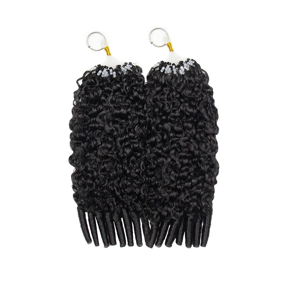 Ywigs Natural Color Water Curly Micro Loop Hair Extensions showing two bundles with defined curls and natural volume