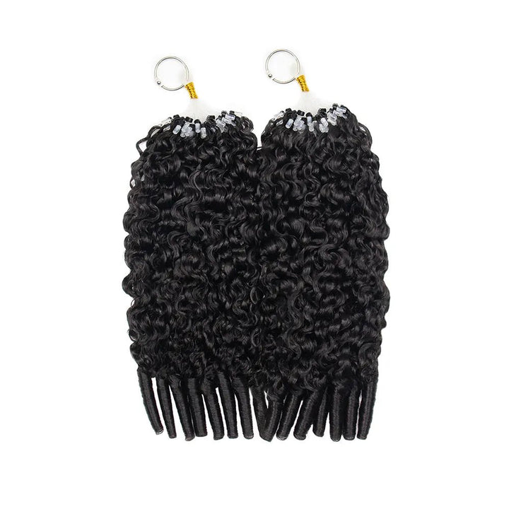 Ywigs Natural Color Water Curly Micro Loop Hair Extensions showing two bundles with defined curls and natural volume