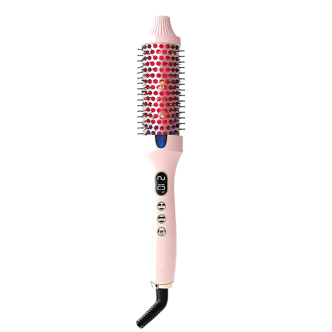 Ywigs pink infrared thermal styling brush front view with digital temperature display round hot brush for smooth hair curling and straightening