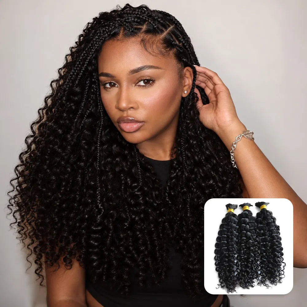 Model wearing Ywigs Spanish Curl Bulk Hair Extensions for Braiding showing defined curls and a full textured hairstyle