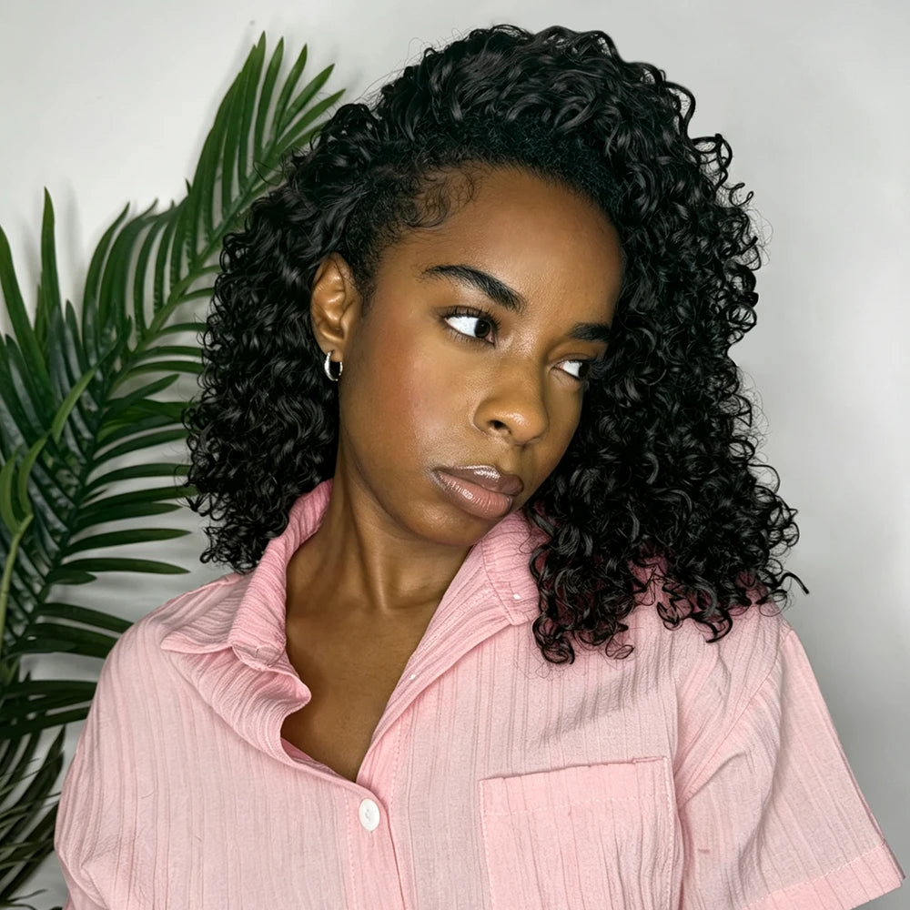 Side angle of Ywigs Natural Black Spanish Curl  human crochet hair showing full volume and natural bounce
