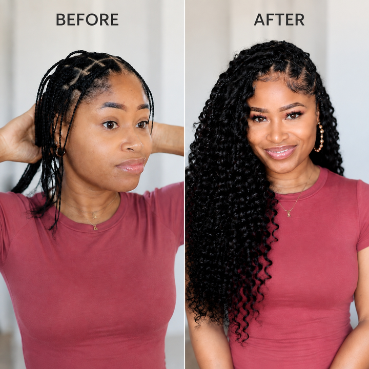 Before and after installation of Ywigs Natural Black spanish curl human crochet hair for crochet braids transformation