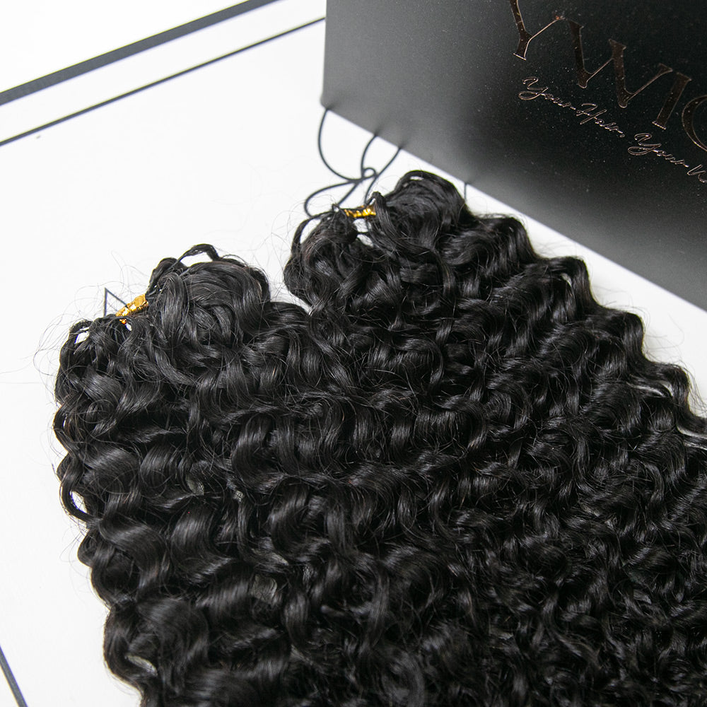 Back length view of Ywigs Burmese curly crochet hair showing full bulk and even texture