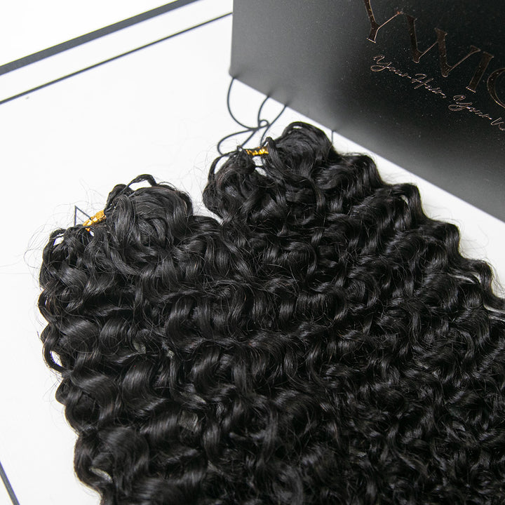 Back length view of Ywigs Burmese curly crochet hair showing full bulk and even texture