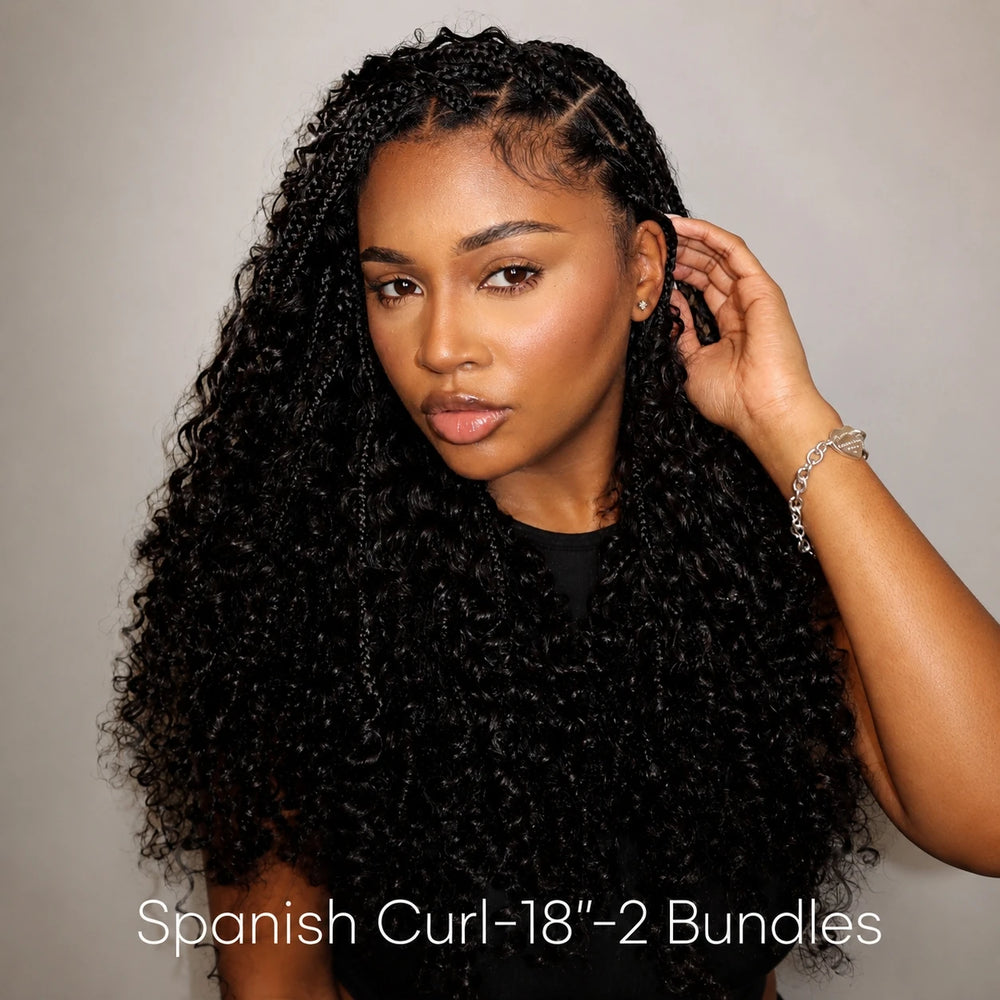 Model wearing Ywigs Spiral Curl Bulk Hair Extensions for Braiding front view