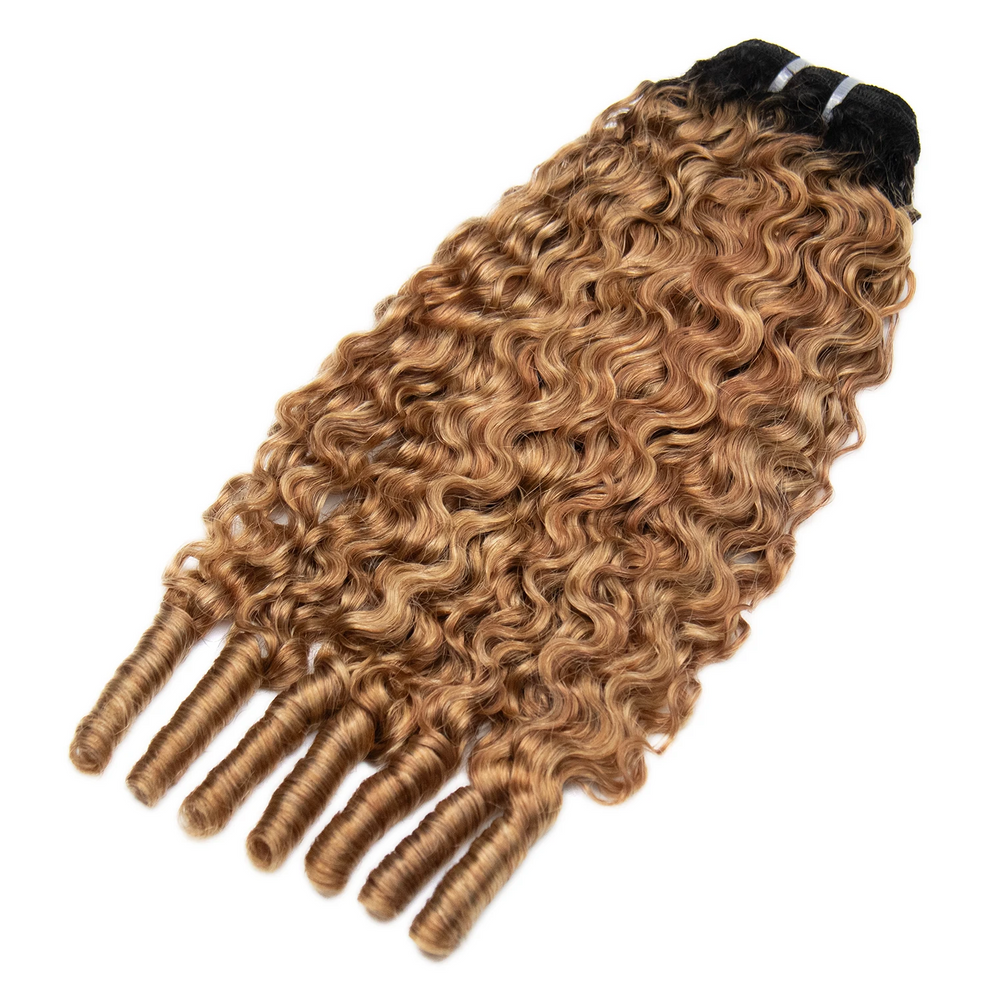 Ywigs T1B/27/30/613 Water Curl Ultra Thin Genius Weft one bundle showing full curly texture