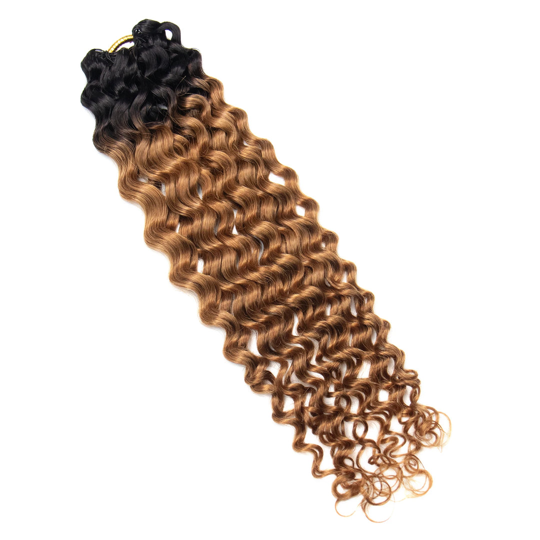 Detailed view of Ywigs #T1B/30 Light Brown Water Wave Human Crochet Hair showing dimensional brown color blend and full texture