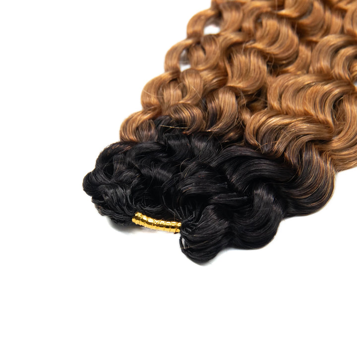 Top view of Ywigs #T1B/30 Light Brown Water Wave Human Crochet Hair showing neat strands and blended brown color