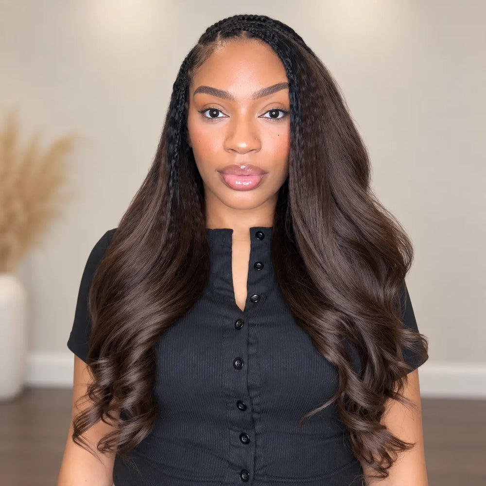 Side angle of Ywigs #T1B/4 medium brown kinky straight human crochet hair showing dark root gradient and sleek kinky straight texture for crochet braids