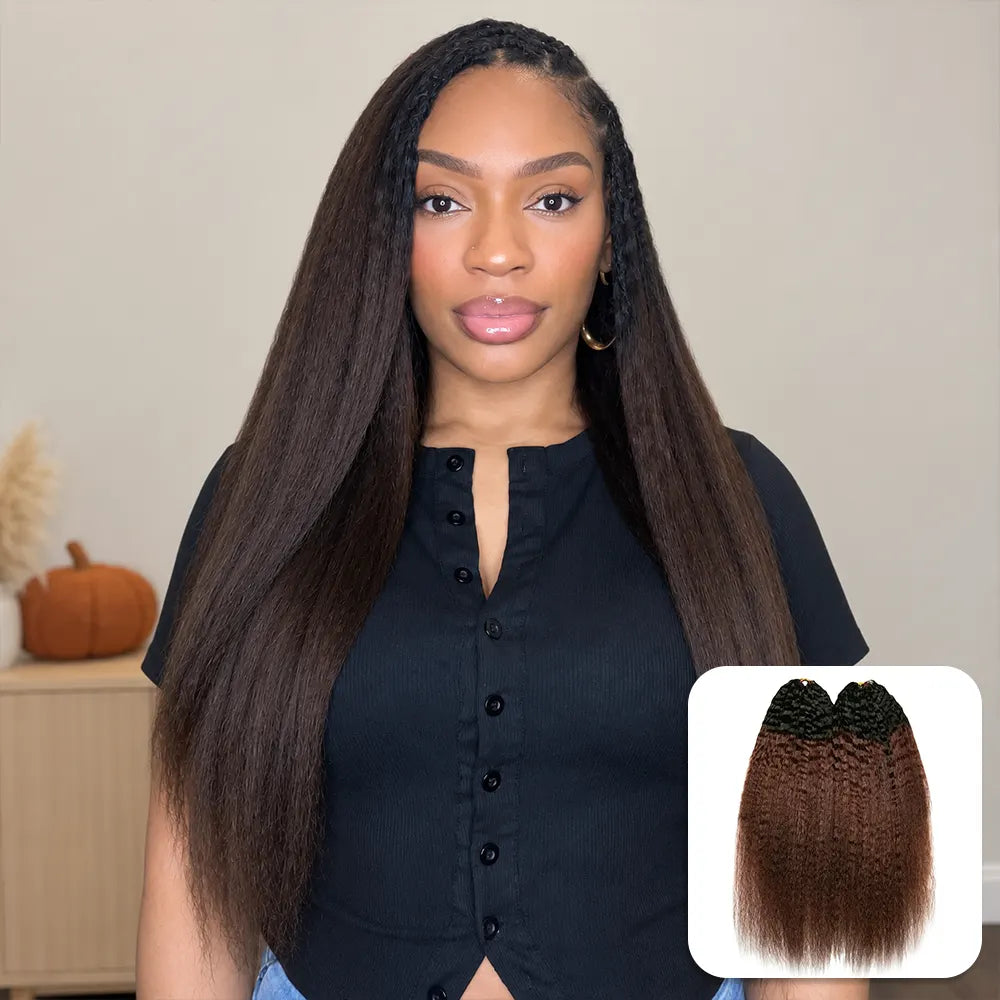 Ywigs #T1B/4 medium brown kinky straight human crochet hair front view for natural dark root crochet braid style