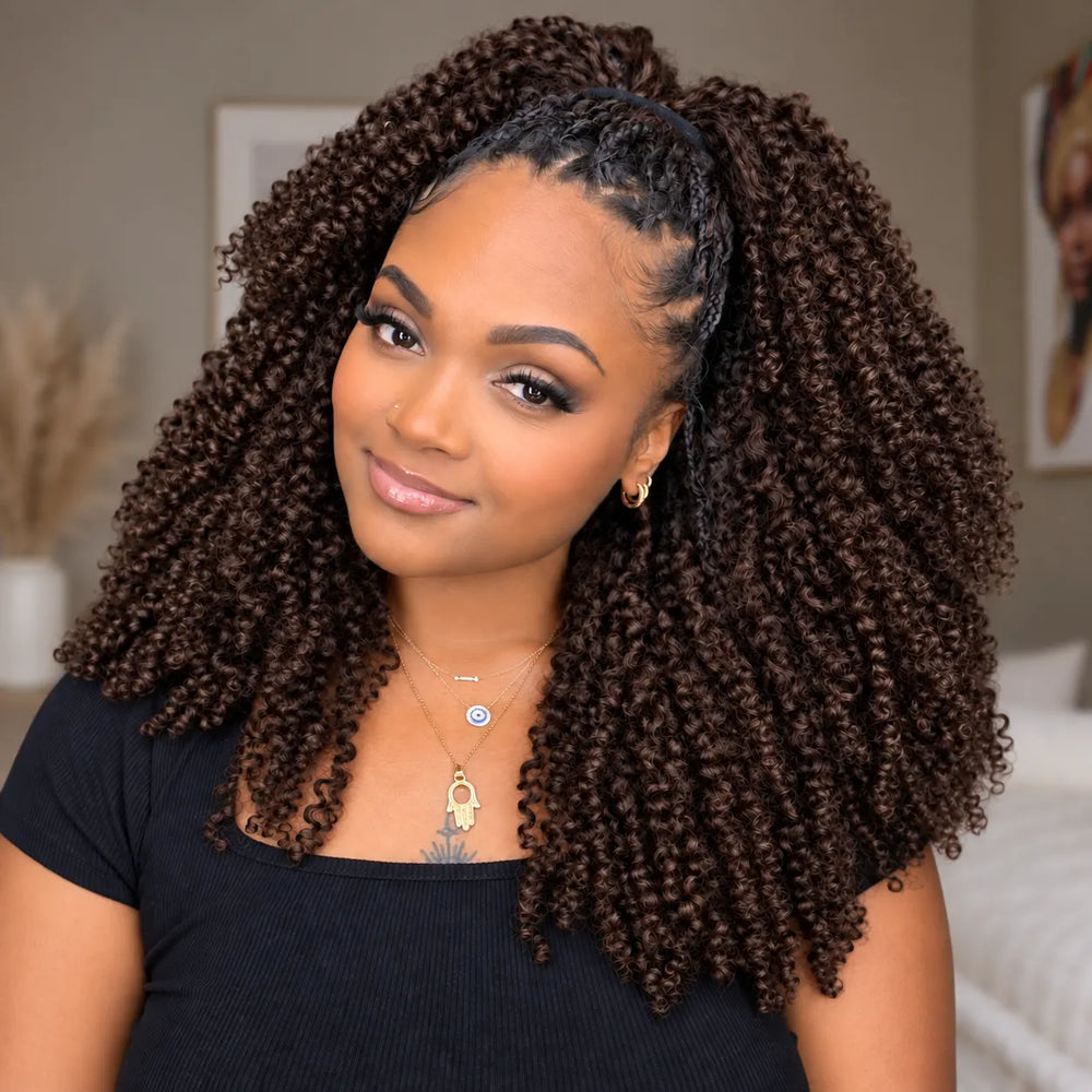 Side angle of Ywigs #T1B/4 medium brown multi-textured kinky curly human crochet hair showing dark root gradient and defined kinky curly texture for crochet braids
