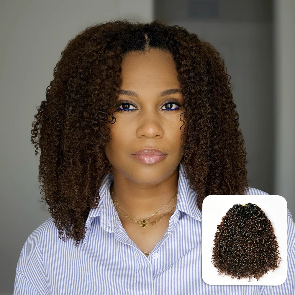 Ywigs #T1B/4 Medium Brown Multi-Textured Kinky Curly human crochet hair front view