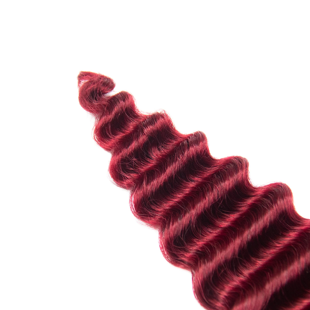 Close-up of Ywigs #T1B/Burgundy Deep Wave Human Crochet Hair ends showing soft defined waves