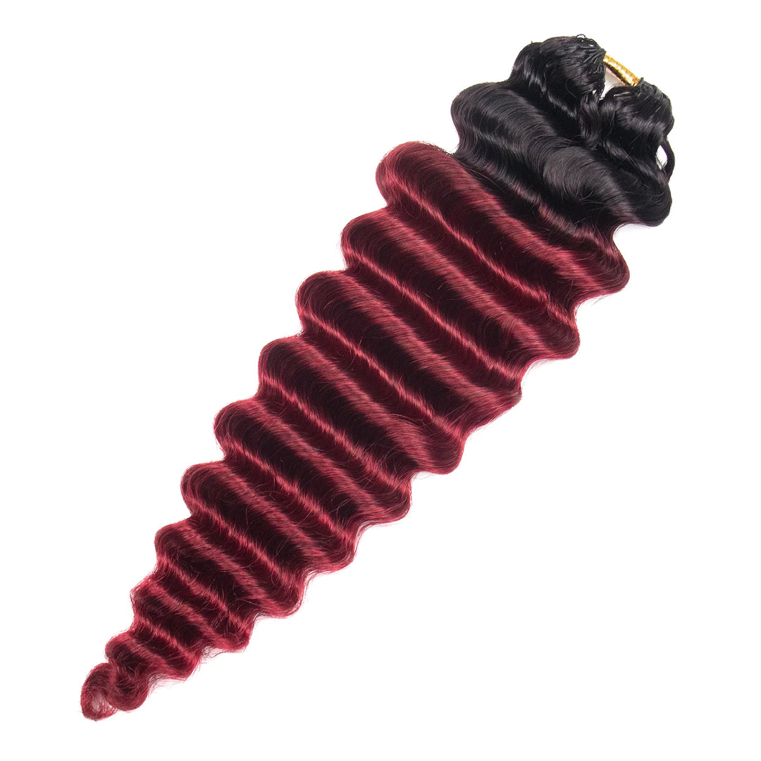 Ywigs #T1B/Burgundy Deep Wave Human Crochet Hair one bundle showing full wave texture