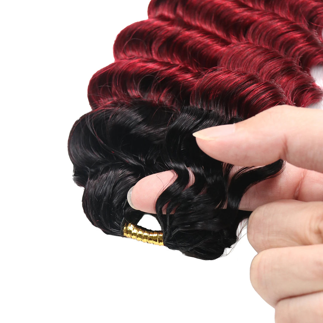 Close-up of Ywigs #T1B/Burgundy Deep Wave Human Crochet Hair showing defined deep wave pattern and soft texture