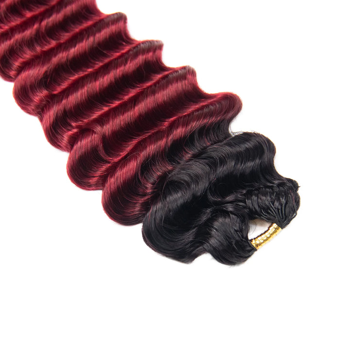 Top view of Ywigs #T1B/Burgundy Deep Wave Human Crochet Hair showing neat strands and ombre burgundy color
