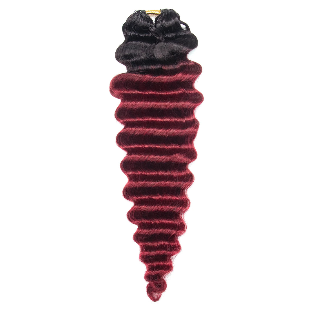Ywigs #T1B/Burgundy Deep Wave Human Crochet Hair front view