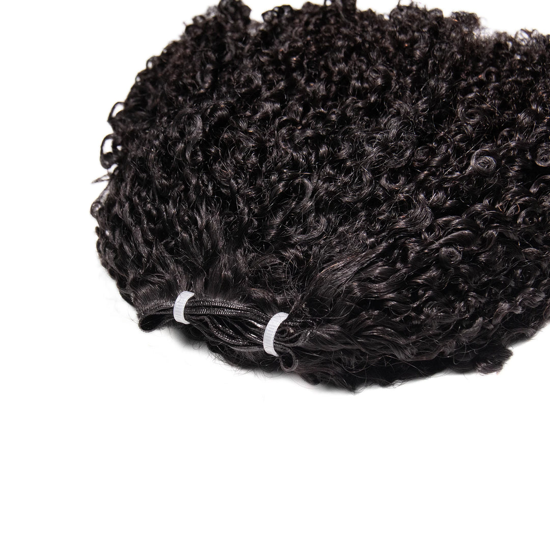 Close-up of Ywigs Kinky Curly Ultra Thin Genius Weft showing thin and flat weft construction