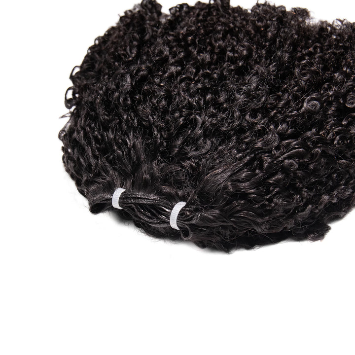 Close-up of Ywigs Kinky Curly Ultra Thin Genius Weft showing thin and flat weft construction
