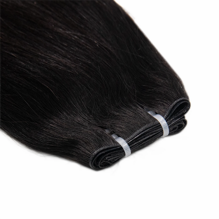 Close-up of Ywigs Silky Straight Ultra Thin Genius Weft showing thin and flat weft construction