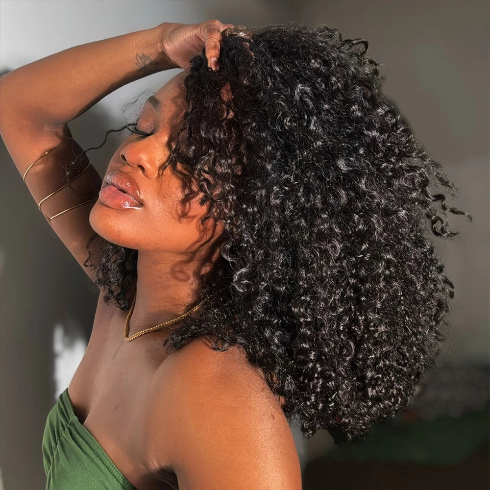 Side angle of Ywigs water curly human crochet hair showing full volume and natural bounce