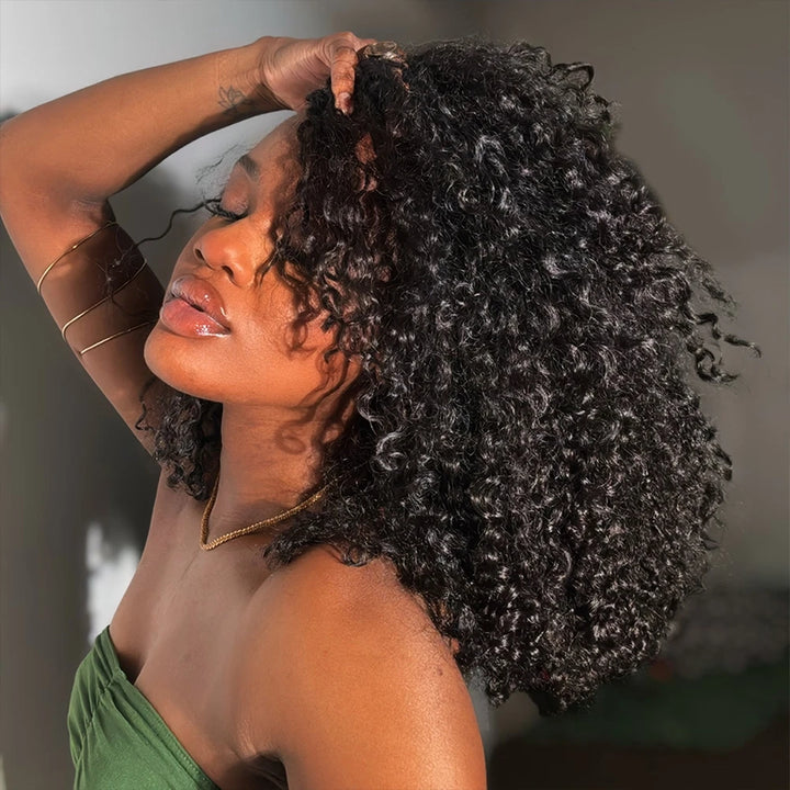 Side angle of Ywigs water curly human crochet hair showing full volume and natural bounce