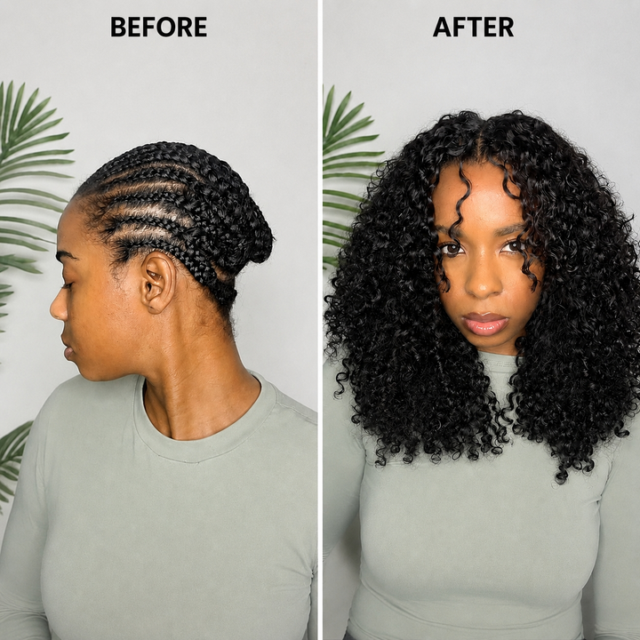 Before and after installation of Ywigs Natural Black water curly human crochet hair for crochet braids transformation