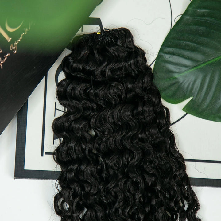 Back length view of Ywigs Burmese curly crochet hair showing full bulk and even texture