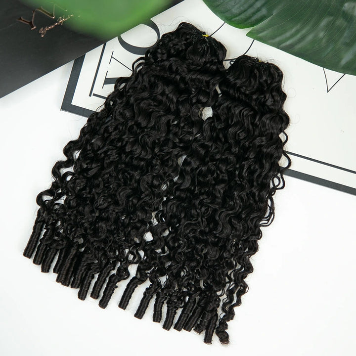 Detailed view of Ywigs Natural Black water curly crochet hair texture and fluffy bulk volume