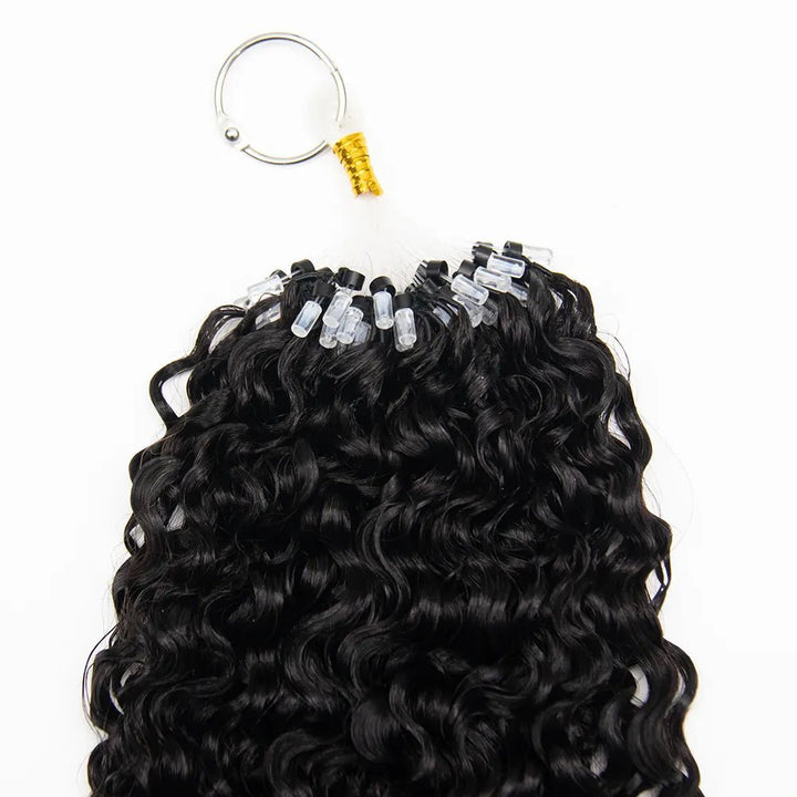 Close-up of Ywigs Water Curly Micro Loop Hair Extensions showing the pre-attached loop and curly strands